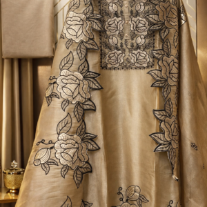 shimmer suit with applique golden black work