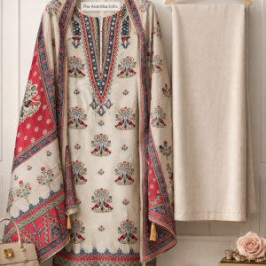 muslin suit set with intricate ethnic prints