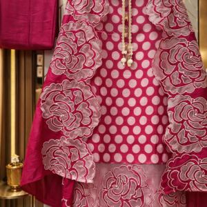 vibrant pink linen suit set with bold polka prints