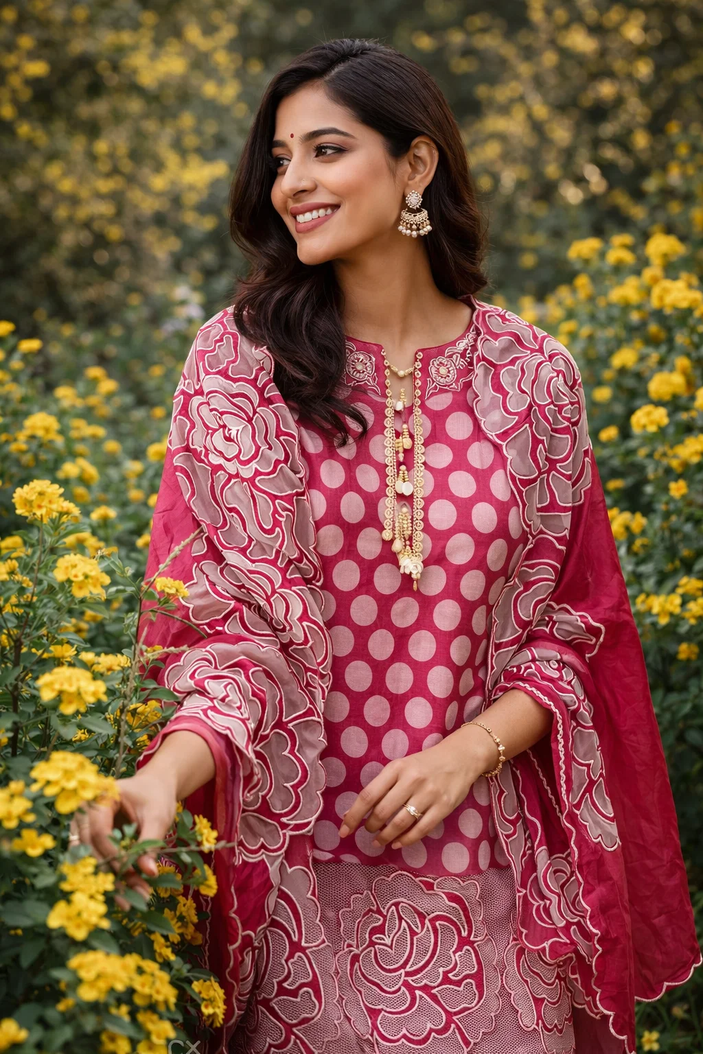 Polka2 Vibrant Pink Linen Suit Set for Women with Bold Polka Dots