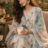 White n blue2 Linen Suit Set for Women with Lace Neckline and Hand Work