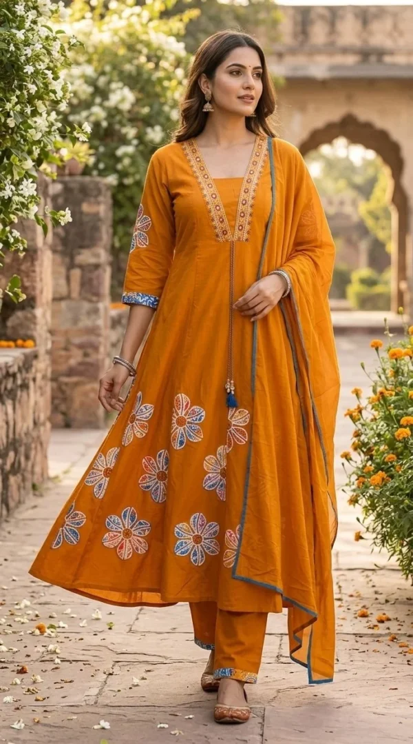 J10 Ready to Wear Mul Cotton Long Anarkali Suit with Applique Work